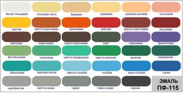 Цветовой ассортимент эмали ПФ-115